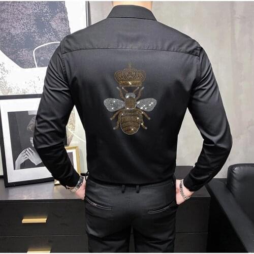 Hot Diamond Bee Mens T-Shirt Button Long Sleeve Delicate White Lapel Design Homme Blouse Spring Black Slim Casual Top