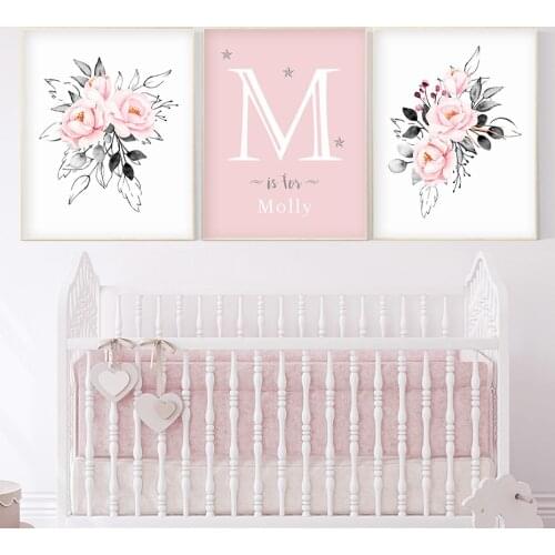 Personalized Girls Name Custom Poster Baby Nursery Prints Pink Flowers Wall Art Canvas Painting Pictures For Girls Room