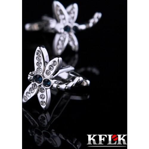 KFLK Jewelry shirt Fashion cufflinks for mens Brand Blue Crystal Dragonfly Cuff links animal Buttons High Quality guests