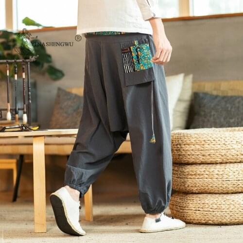 Kimonos Harajuku Yukata Beam Feet Harem Men Japanese Style Print Embroidered Pants Asian Japan Traditional Cropped Male Costumes