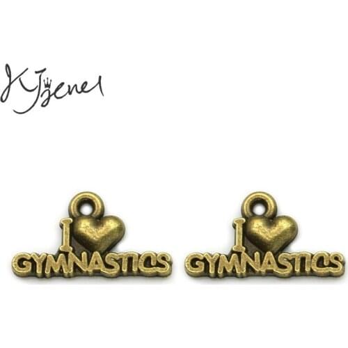 KJjewel Antique Bronze Plated I Love Gymnastics Charm Pendant fit Making Bracelets Jewelry Findings Craft DIY 11X20mm