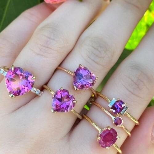 18K Gold Filled Ring Minimalist Wedding Bands Female Green Purple Crystal Love Heart Open Rings For Women Engagement Jewelry