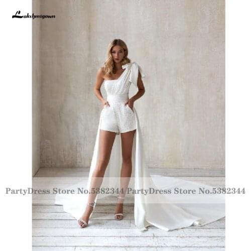 Lakshmigown Sparkly Short Wedding Dress Jumpsuit Style 2021 Classic Bridal Wedding Gowns with Detachable Skirt Robe Satin Longue