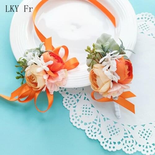 LKY Fr Boutonniere Groom Wedding Pins Corsage Bracelet Bridesmaids Orange Yellow Roses Silk Brooch Flowers Marriage Accessories