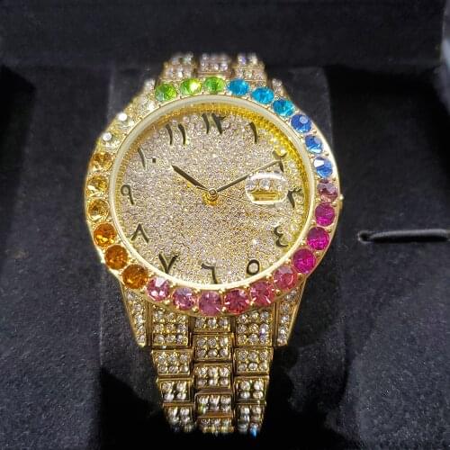 Hip Hop MISSFOX Arabic Number Mens Iced Out Watches Gradient Diamond Luxury Date Quartz Wristwatch Steel Watch For Sons Jewelry