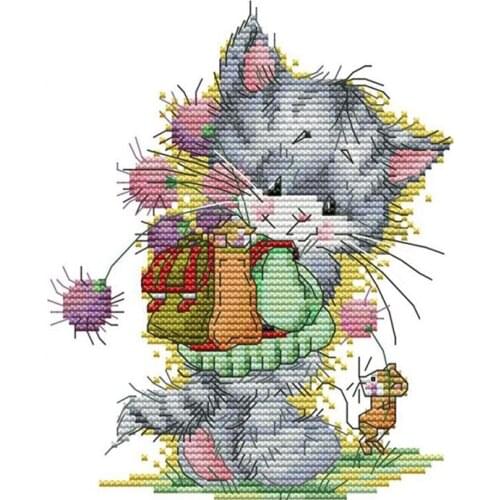 Cross Stitch Kits Stamped for Adults Beginner Kids 11CT DIY Embroidery Needlework Kit -Cat and Mouse 22X24cm