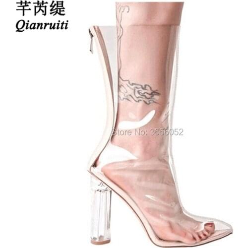 Qianruiti Film Jelly Shoes PVC Rain Booties 11cm Perspex High Heels Sexy Summer Boots Women Clear Heel Transparent Ankle Boots