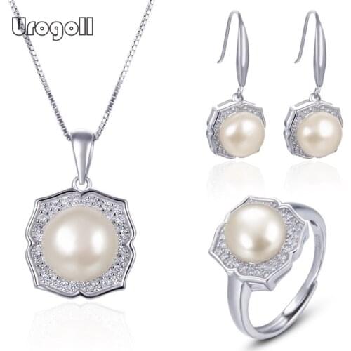 Luxury Pure 925 Sterling Silver Jewelry Set Freshwater Pearl Zircon Flower Necklace Earrings Ring Classic Gift For Woman Girl