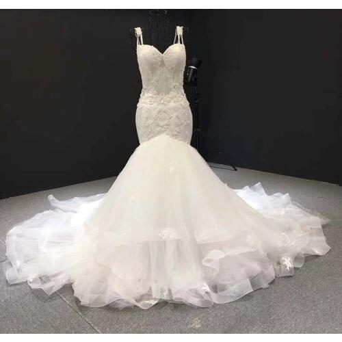 Sexy Spaghetti Strap Beading Wedding Dresses Mermaid Voile Bridal Gowns