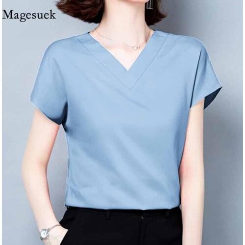 V-neck Silk Satin Short Sleeve Solid Shirts Summer 2021 Office Lady Blouse Women Casual Plus Size M-4XL Loose Tops Clothes 10297