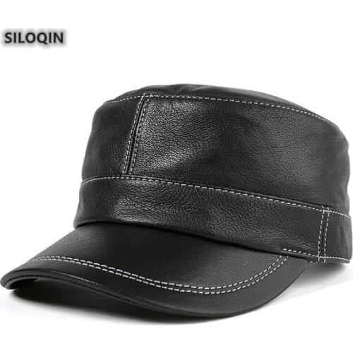 SILOQIN Genuine Leather Hat Men Army Military Hats Sheepskin Leather Cap Mens Flat Cap Adjustable Size Brands Leather Caps
