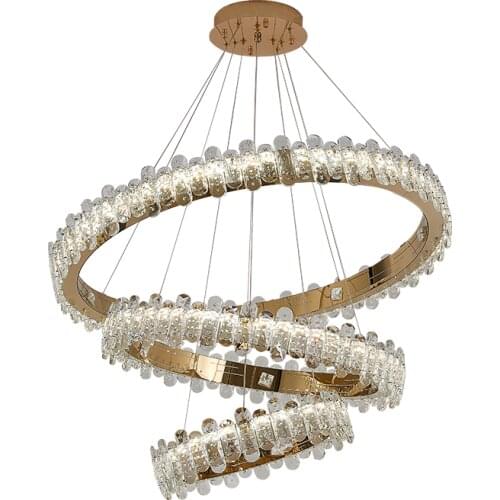 Nordic Modern LED Chandeliers Luxury Circle Ring Crystal Pendant Lights Gold Hotel Villa Lobby Stainless Steel Lighting Fixture