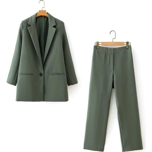 Vintage Women Elegant Green Suits 2020 Fashion Ladies Two Piece Set Blazer Suits Casual Female Slim Long Suit Girls Chic