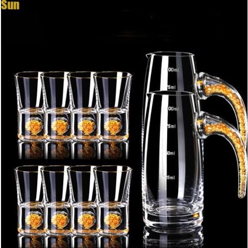 Top Grade Manual Shot Glass Decanter Set Crystal Built In 24K Pure Gold Leaf Liquor Spirits WINE DECANT ER Cups Dispenser Kits
