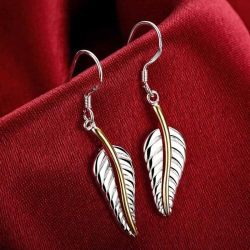 DOTEFFIL 925 Sterling Silver Gold Leaves Feathers Drop Earrings For Woman Wedding Engagement Party Fashion Charm Jewelry