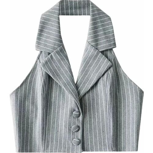 Stripe Vest Suit Women Elegant OL Waistcoat Vest V-Neck Career Ladies Crop Tops Office Formal Work Wear Outerwear Autumn Mujer