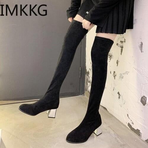 2020 Size 43 Winter black Over The Knee woman Boots Women Stretch Fabric Thigh High heels Sexy Woman Shoes Long Bota Feminina