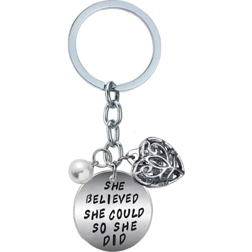 12PC/Lot Hollow Heart Keychain Keyring She Believed She Could So She Did Stainless Steel Key Chains Key Rings Inspirational Gift