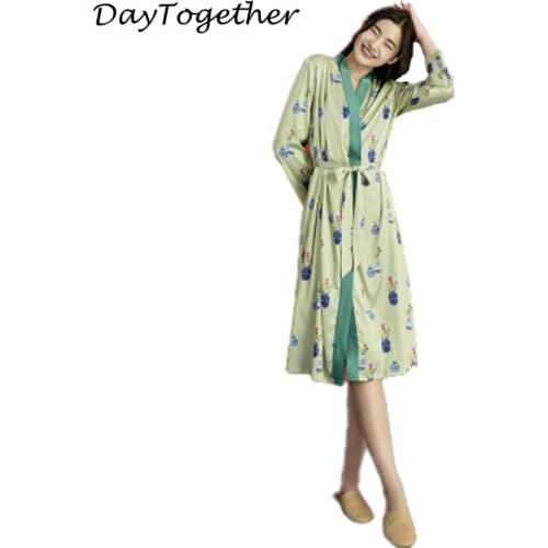 2021 satin pajamas women chun xia, thin silk printing loose robe striped bathrobe morning gown leisurewear, 2224