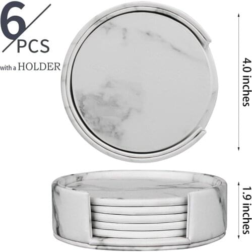 6pcs/set Double-sided PU Leather Coasters for Drinks with Holder Solid Color Round Cup Mat Pad Set Of Home, Kitchen, Bar Use