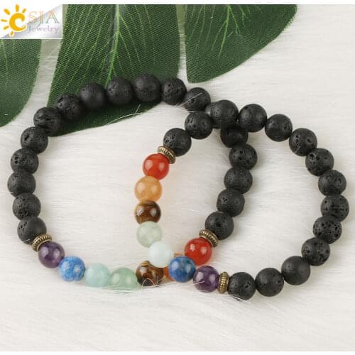 CSJA 7 Chakra Bracelets Lava Reiki Stones for Women Men Couple Rosary Beads Natural Stone Healing Buddhist Tibetan Jewelry S559