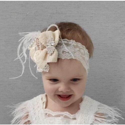 Boutique Baby Girl Headbands Feather Rhinestone Lace Elastic Hair Band Infant Newborn Headwraps Birthday Photography Props