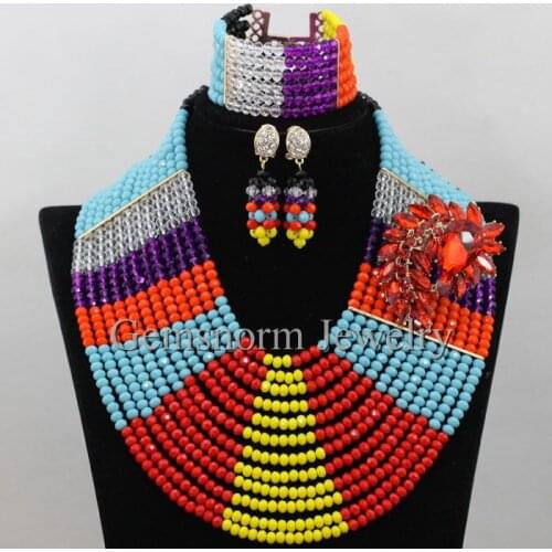 Colorful Nigerian Wedding African Beads Jewelry Set Crystal Rainbow Wedding Jewelry Set for Women Accessory Free Shipping WA255