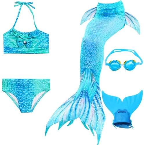 5PCS Kids Swimming Mermaid Tail Bikini with Monofin Costume Cosplay Mermaid Tails Finned Swimwear for Children Girls Clothes