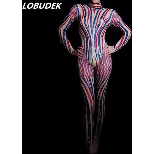 Fashion Colorful Striped Rhinestones Jumpsuit Crystals Elastic Jumpsuits Sexy Female Birthday Celebration Singer Stage Outfits