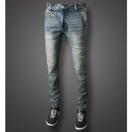 2021 New Fashion Men Jeans Retro Blue Color Vintage Ripped Jeans For Men Paint Design Slim Fit Streetwear Hip Hop Jeans homme