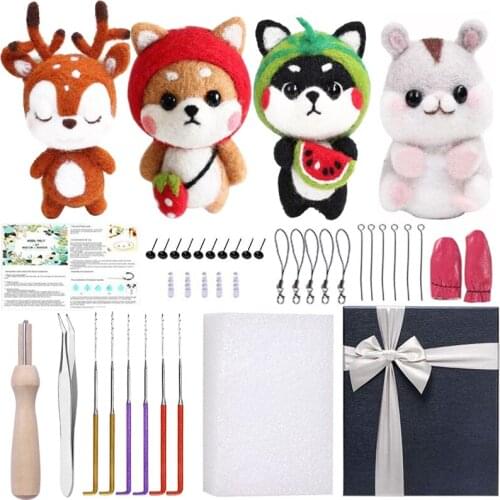 LMDZ 4 Pcs Doll Making Manual Needle Felting Starter Kit Fabric Yarn Roving DIY Animal Doll Sewing Mold Needlework Accessories
