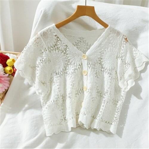 Summer Thin Knit Cardigan Women Short Sleeve Hollow Out Crochet Beach Tos Short Coat 2020 Korean Fashion Cardigans Cropped
