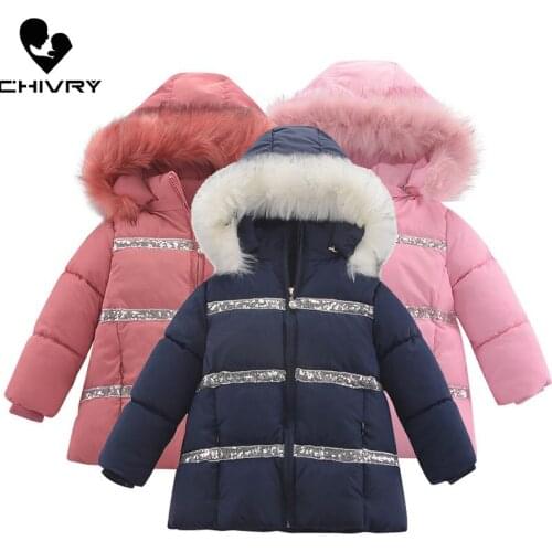 New 2020 Kids Parka Winter Warm Down Jackets Girls Zipper Faux Fur Collar Hooded Cotton-padded Long Coat Thicken Outerwear
