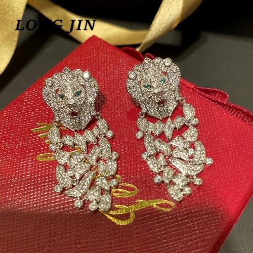 Luxury Lion Shape Earrings Micro-Inlaid Zircon Silver Color Ladies Classic Temperament Creative Personality Holiday Gift Jewelry