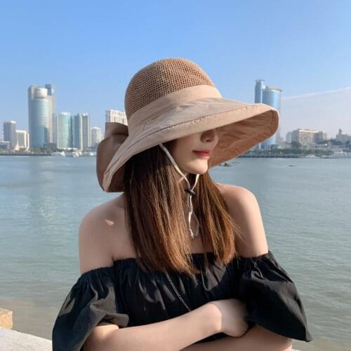 Spring and summer womens sun hat foldable bow big brim hat mesh fisherman hat temperament beach sunshade straw hat