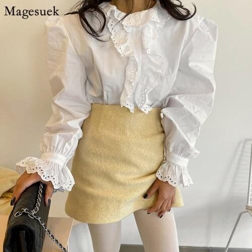 Vinatge Cotton White Blouse Women 2021 Spring Plus Size Loose Casual Female Shirt Tops Ruffles Petal Sleeve Women Blouses 13268
