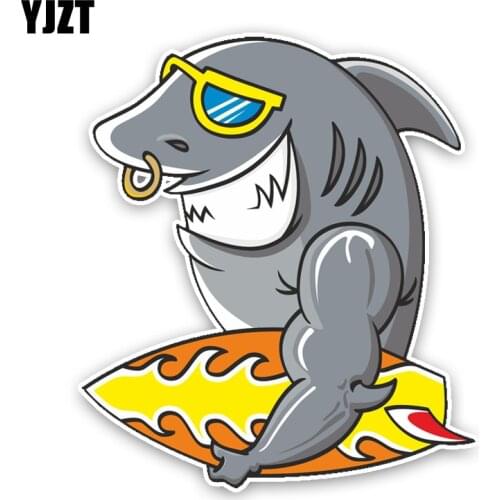 YJZT 12.5*14.3CM Interesting Cartoon Surfboard Shark Colored PVC High Quality Car Sticker Decoration C1-5340