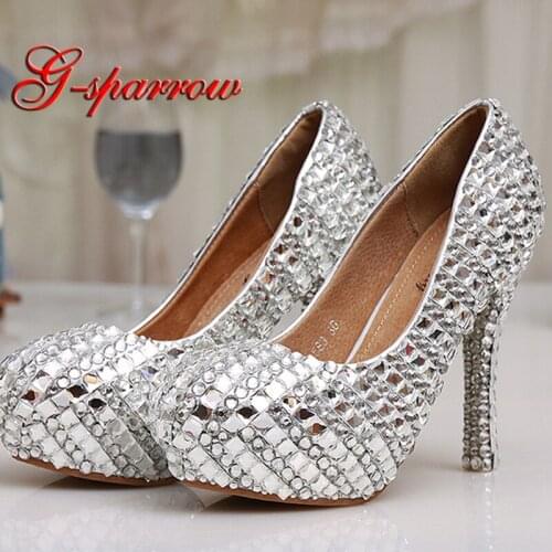 Womens High Heel Glitter Crystal Platforms Wedding Shoes Diamond Jeweled Silver Bridal Shoes 12cm Cinderella Prom Evening Pumps