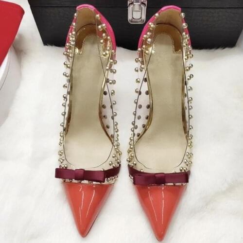 Free shipping fashion women pumps pvc clear plastic studded spikes pointy toe heels stiletto heel women pumps 12cm 10cm