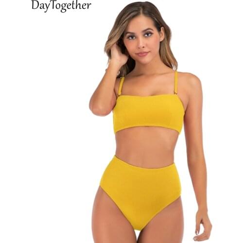 Womens High Waist Swimsuit Summer Pure Color Sexy Europe and Americ Bandeau Bikini Theres Bra Set Woman 2 Pieces Swimwear