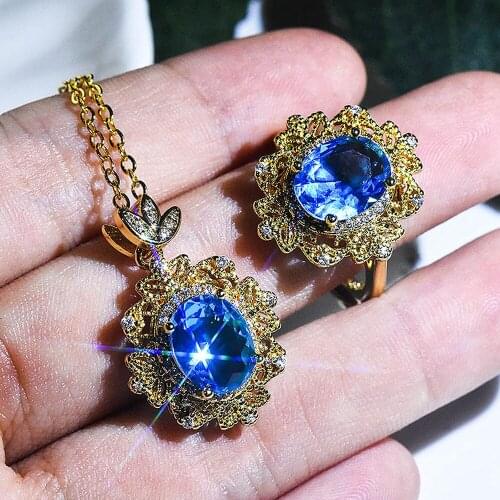 Vintage luxury blue crystal topaz gemstones diamonds rings pendant necklaces for women gold tone jewelry sets bijoux party gifts
