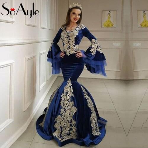 SoAyle Arabic Evening Dress Mermaid Long Sleeves Morocco Kaftan Velvet Square Prom Party Gowns with Lace