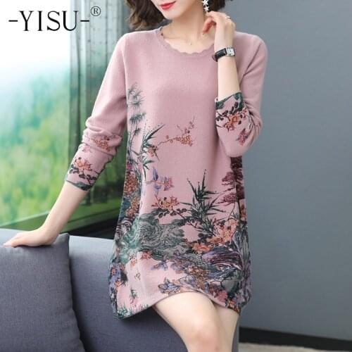 YISU Sweater Dress Women 2020 Autumn Winter O-Neck Long Sleeve Loose Knitted Jumper Dress Fashion printed sweater Dress Women