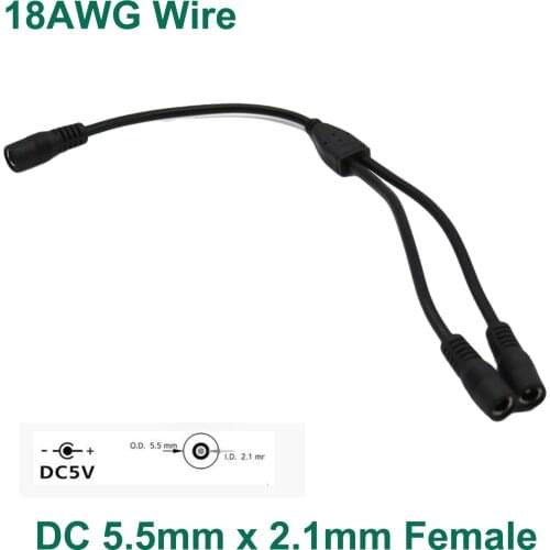 DC Power Supply 1 Female to 2 Female 5.5mm x 2.1mm Splitter Cable Adapter Wire 2 Way Y-Cable CCTV Camera LED Strip Light 18AWG