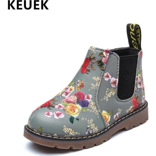 Print Flowers Children Boots Autumn Winter Boys Girls shoes PU Leather Kids Ankle Boots Zip Fashion Leather boots 020