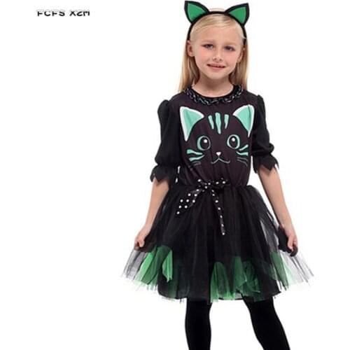 Girls Halloween Kitty Costume Kid Children Cat Catwomen animal Cosplay Carnival Purim Masquerade Stage play party dress