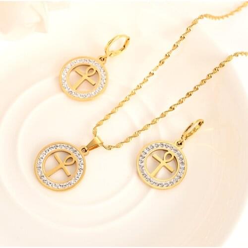Dubai India Ethiopian Gold love heart cross set Jewelrysets for women Pendant Chain Earrings Bride Wedding Bijoux girls gift