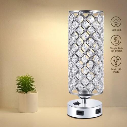 USB Crystal Table Lamp Fixture with Press Switch, E26 Nightstand Lamp Holder with Dual USB Charging Port, Silver, US Plug