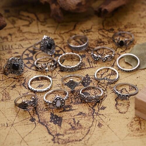 15 Pcs/Pack Antique Midi Finger Ring Set Bohemian Black Stone Vintage Punk Rings Fashion Jewelry for Women Party Gifts Wholesale