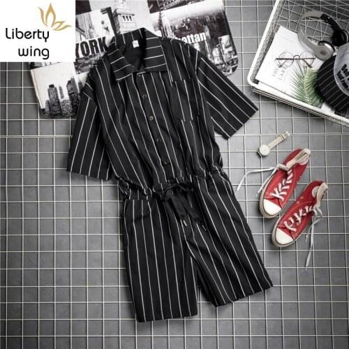 Japan Style Vintage Hip Hop Striped Short Sleeve Rompers Jumpsuit Knee Length Pants Summer Pocket Loose Fit Overalls Men